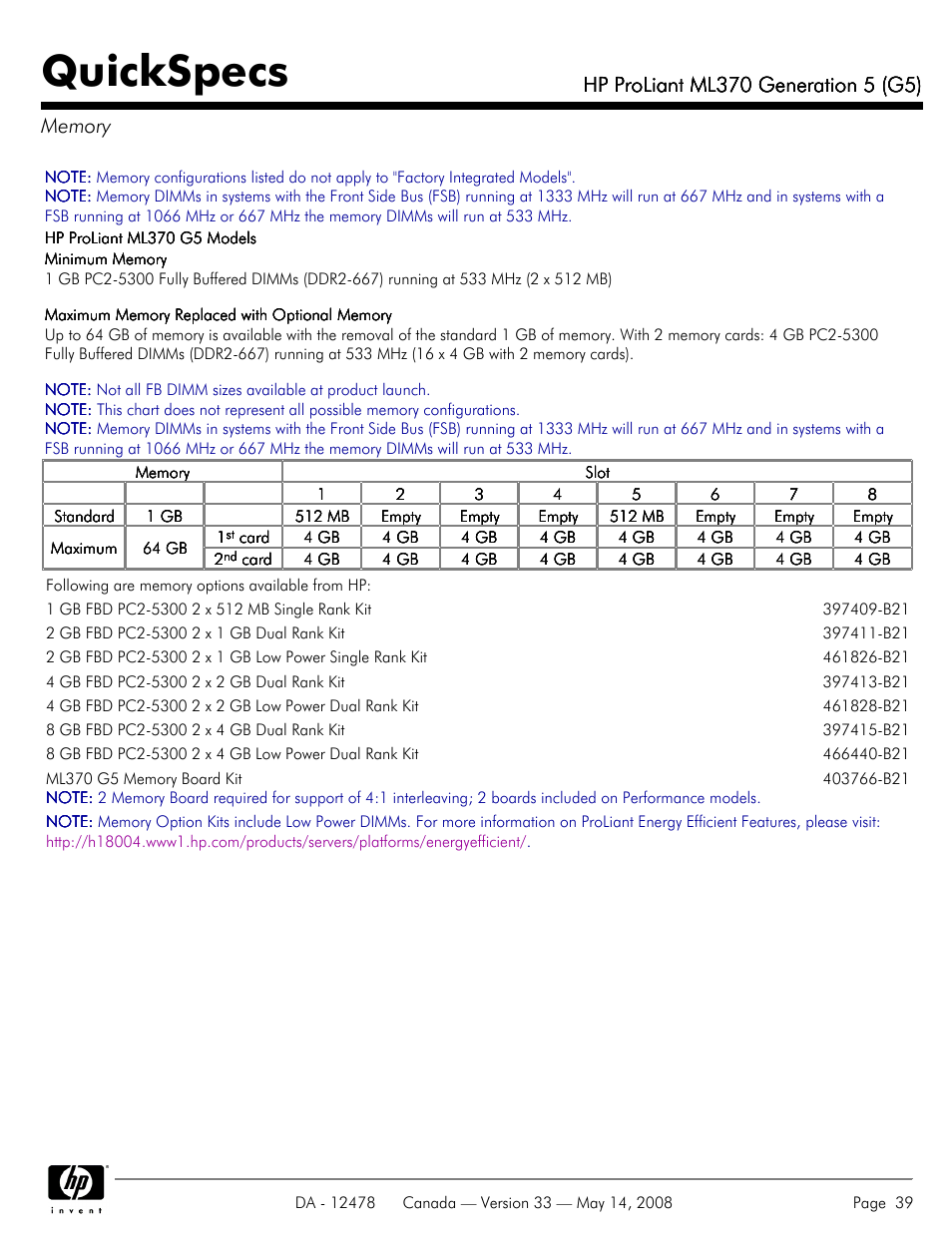 Memory, Quickspecs | HP ProLiant ML370 User Manual | Page 39 / 49