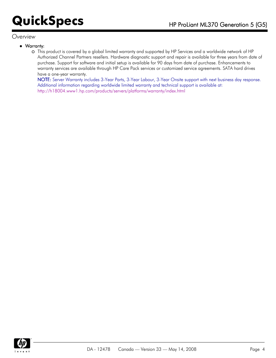 Quickspecs | HP ProLiant ML370 User Manual | Page 4 / 49