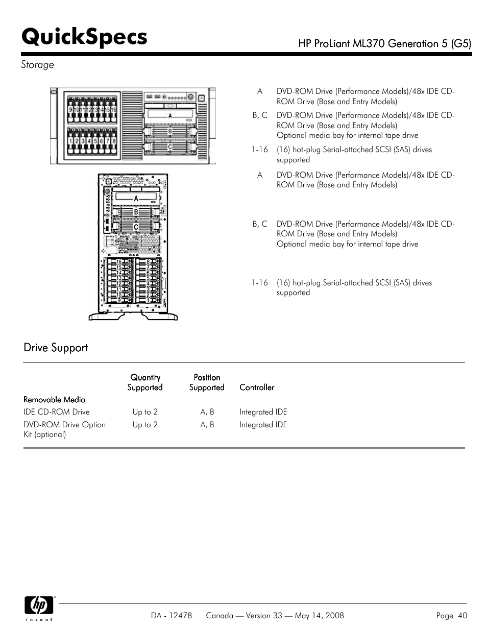 Storage, Quickspecs, Drive support | HP ProLiant ML370 User Manual | Page 40 / 49