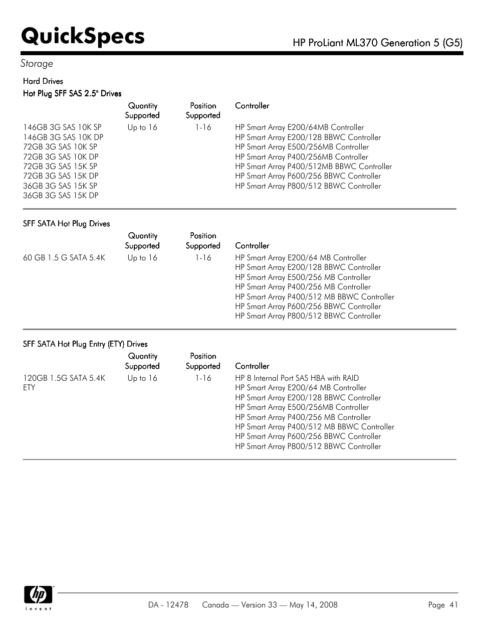 Quickspecs | HP ProLiant ML370 User Manual | Page 41 / 49