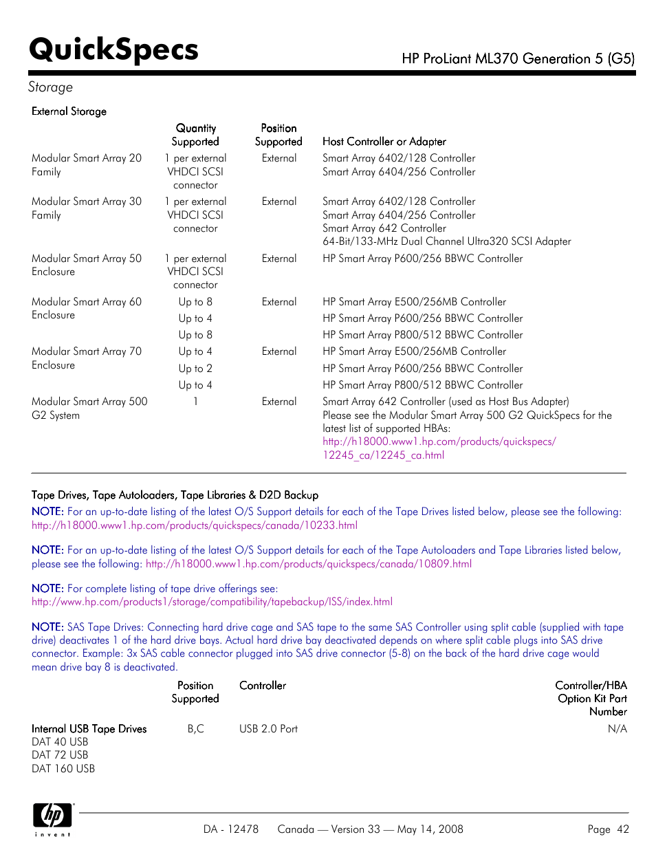 Quickspecs | HP ProLiant ML370 User Manual | Page 42 / 49