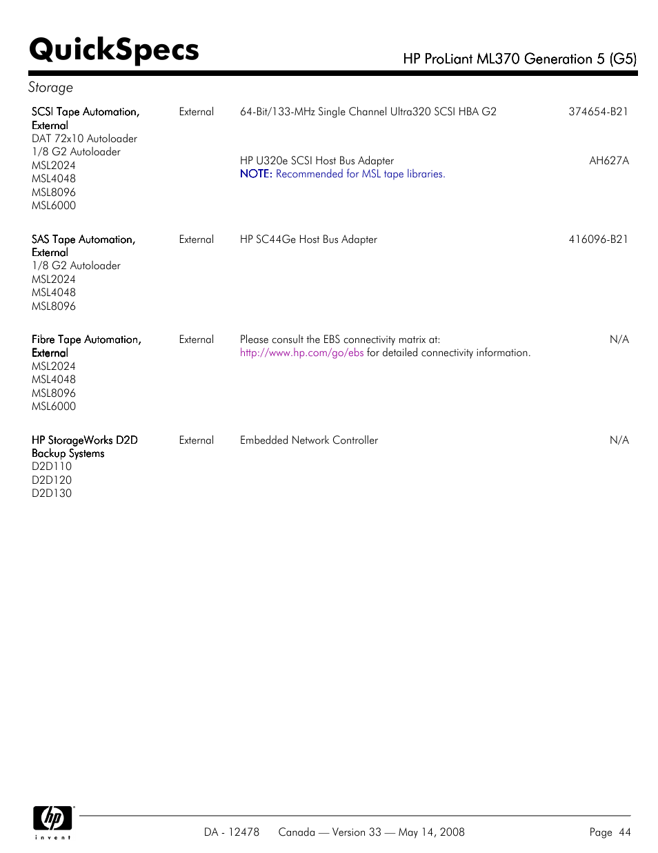 Quickspecs | HP ProLiant ML370 User Manual | Page 44 / 49