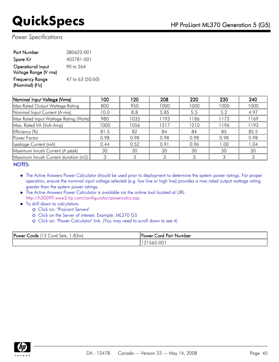 Power specifications, Quickspecs | HP ProLiant ML370 User Manual | Page 45 / 49