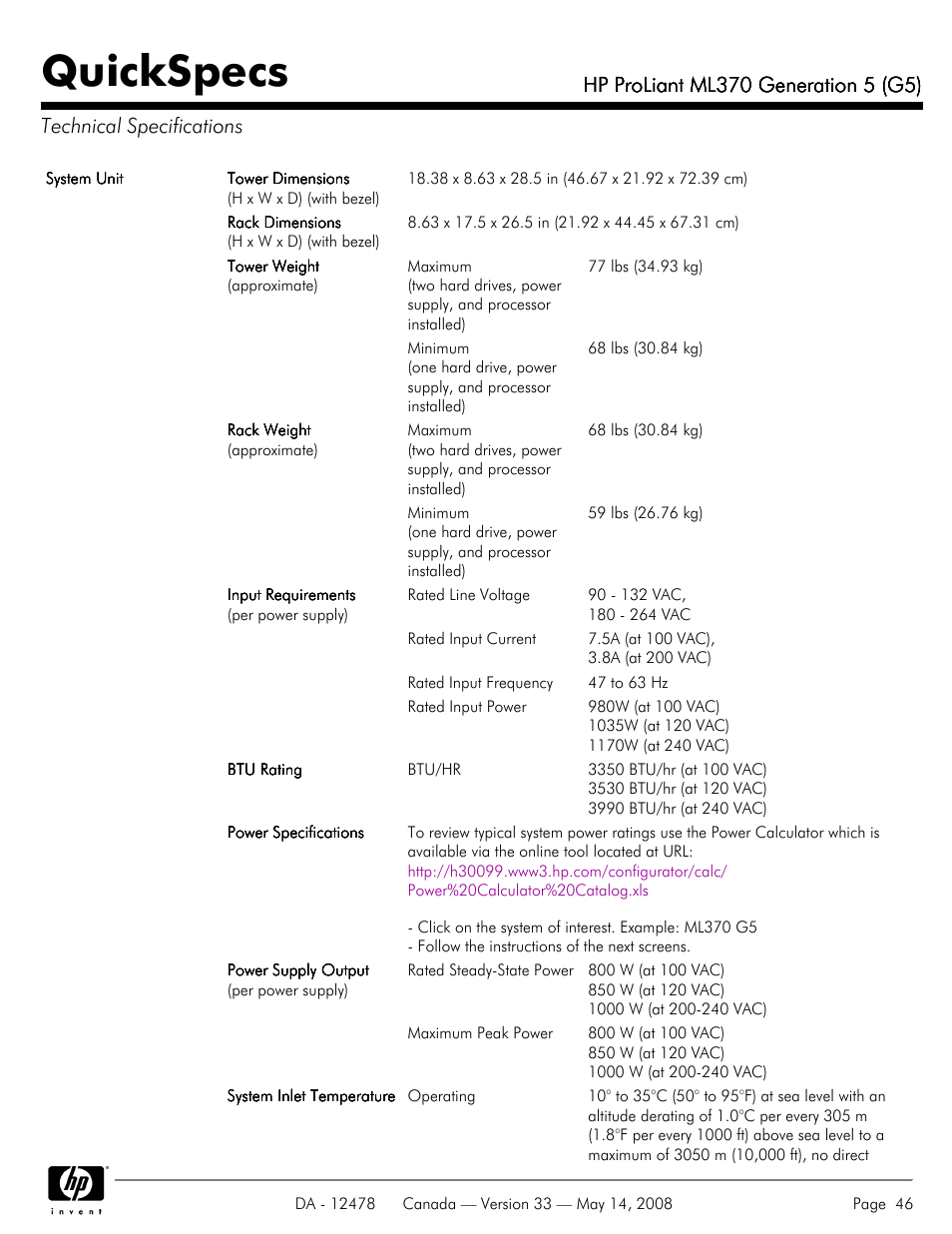 Technical specifications, Quickspecs | HP ProLiant ML370 User Manual | Page 46 / 49