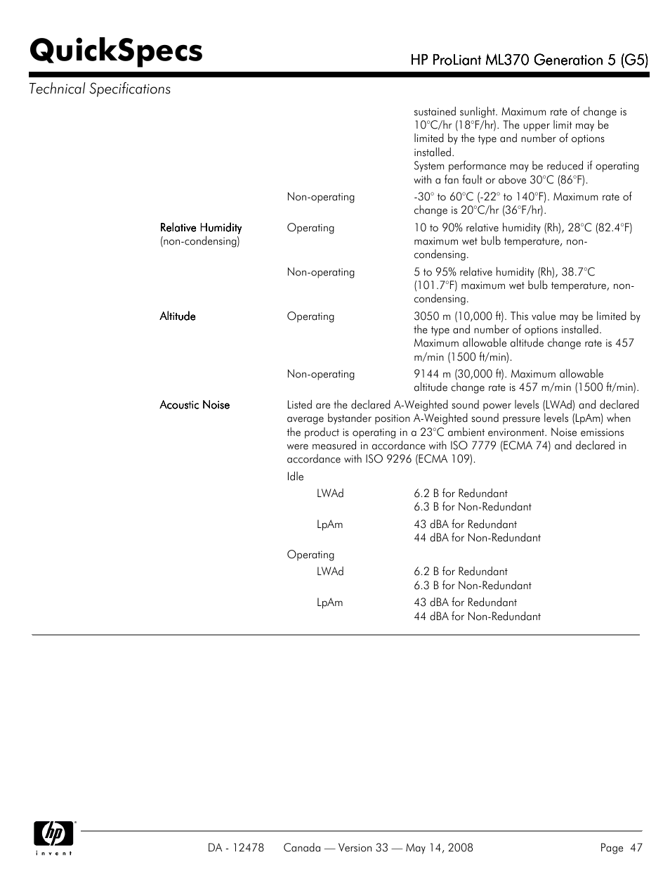 Quickspecs | HP ProLiant ML370 User Manual | Page 47 / 49