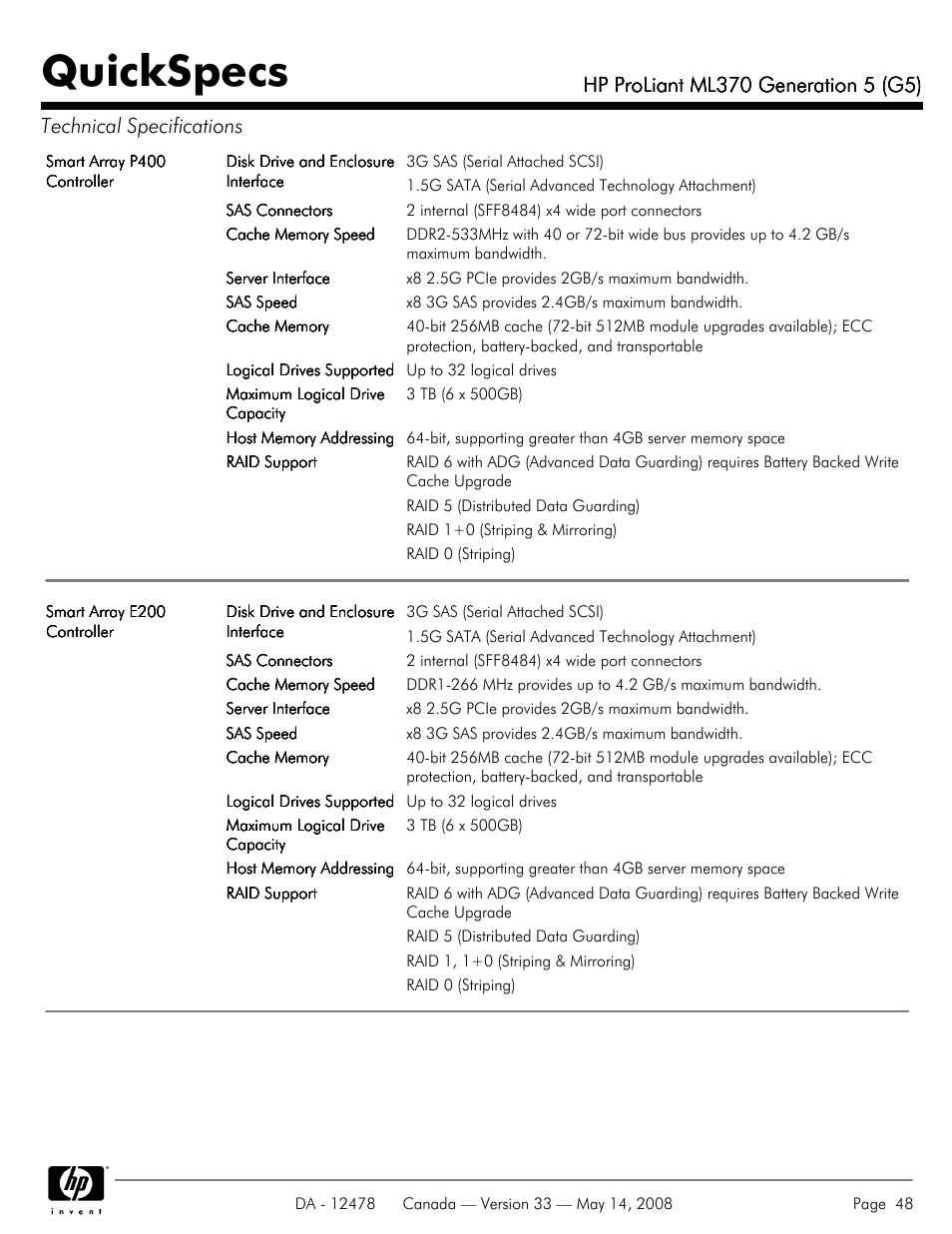 Quickspecs | HP ProLiant ML370 User Manual | Page 48 / 49