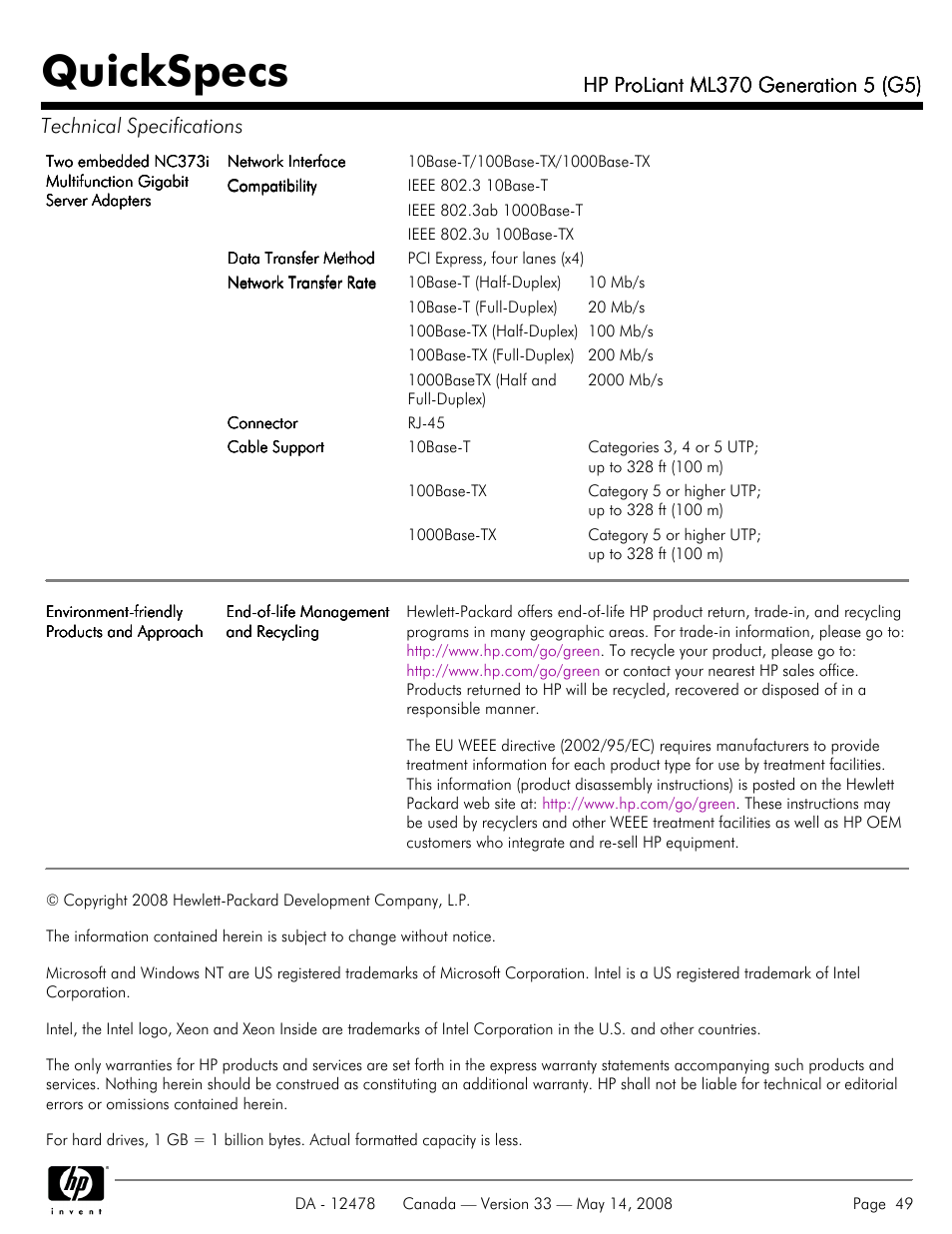 Quickspecs | HP ProLiant ML370 User Manual | Page 49 / 49