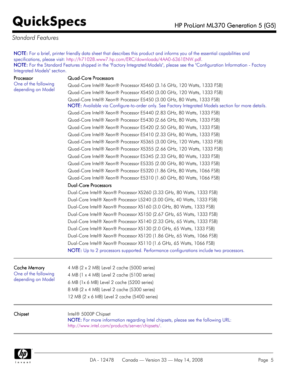 Standard features, Quickspecs | HP ProLiant ML370 User Manual | Page 5 / 49