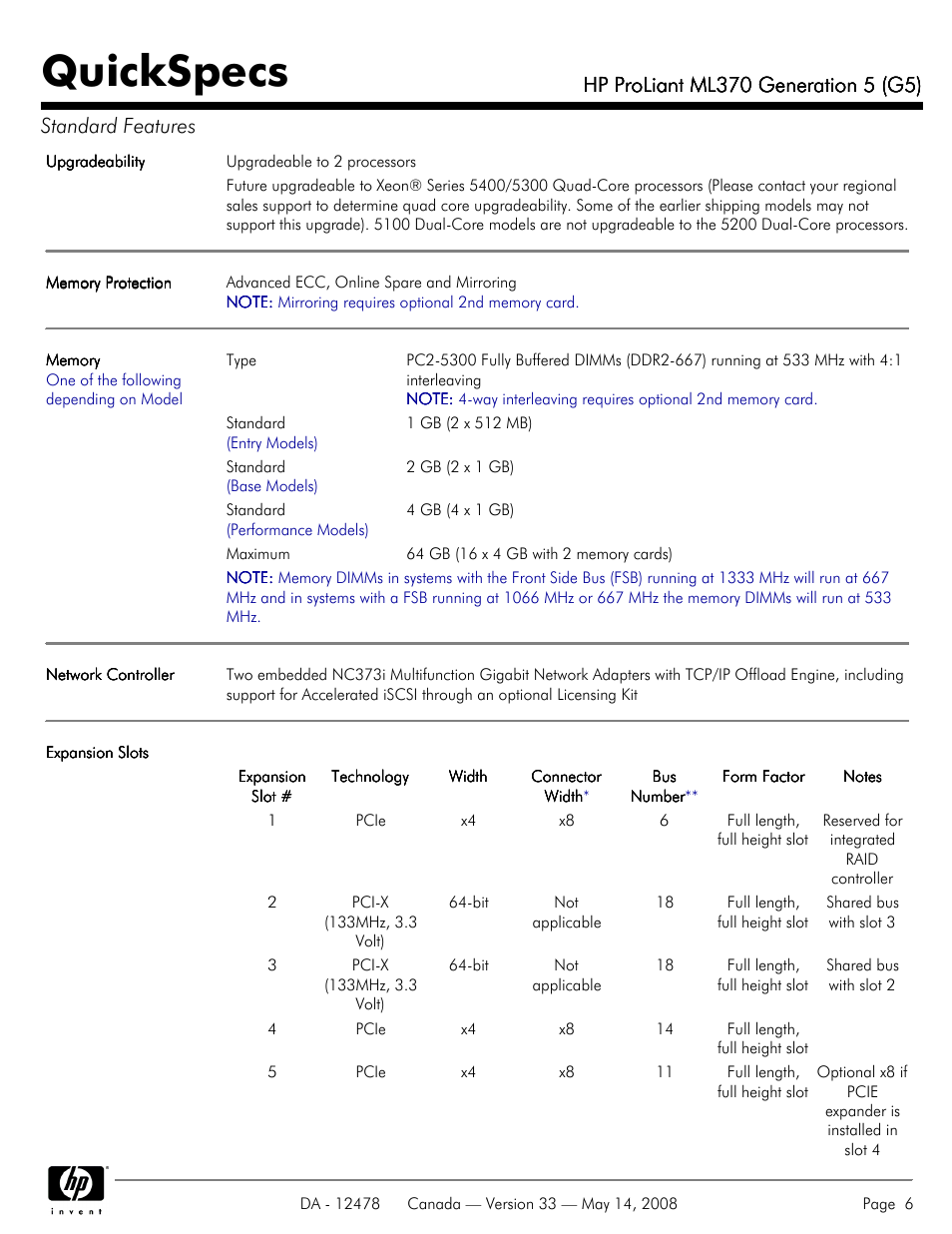 Quickspecs | HP ProLiant ML370 User Manual | Page 6 / 49