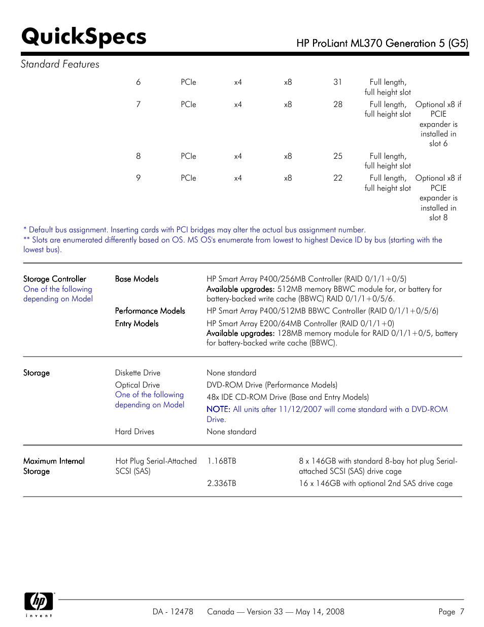 Quickspecs | HP ProLiant ML370 User Manual | Page 7 / 49