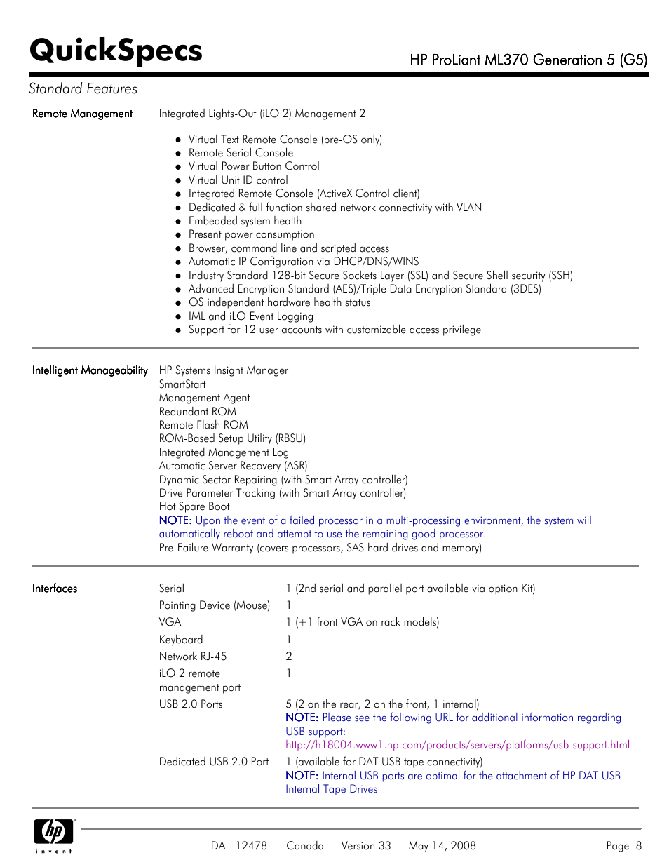Quickspecs | HP ProLiant ML370 User Manual | Page 8 / 49