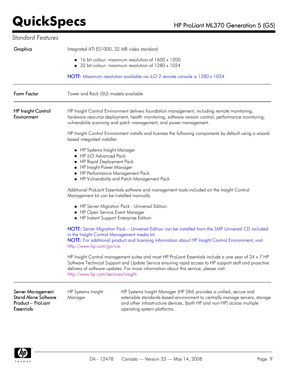 Quickspecs | HP ProLiant ML370 User Manual | Page 9 / 49