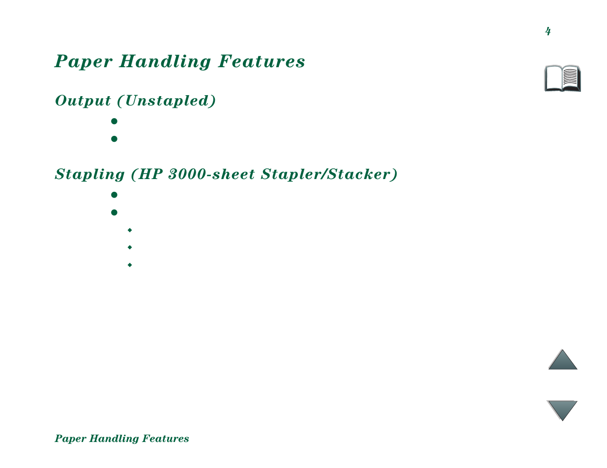 Paper handling features, Output (unstapled), Stapling (hp 3000-sheet stapler/stacker) | Stapling (hp 3000-sheet stapler/ stacker) | HP C4779x User Manual | Page 4 / 37