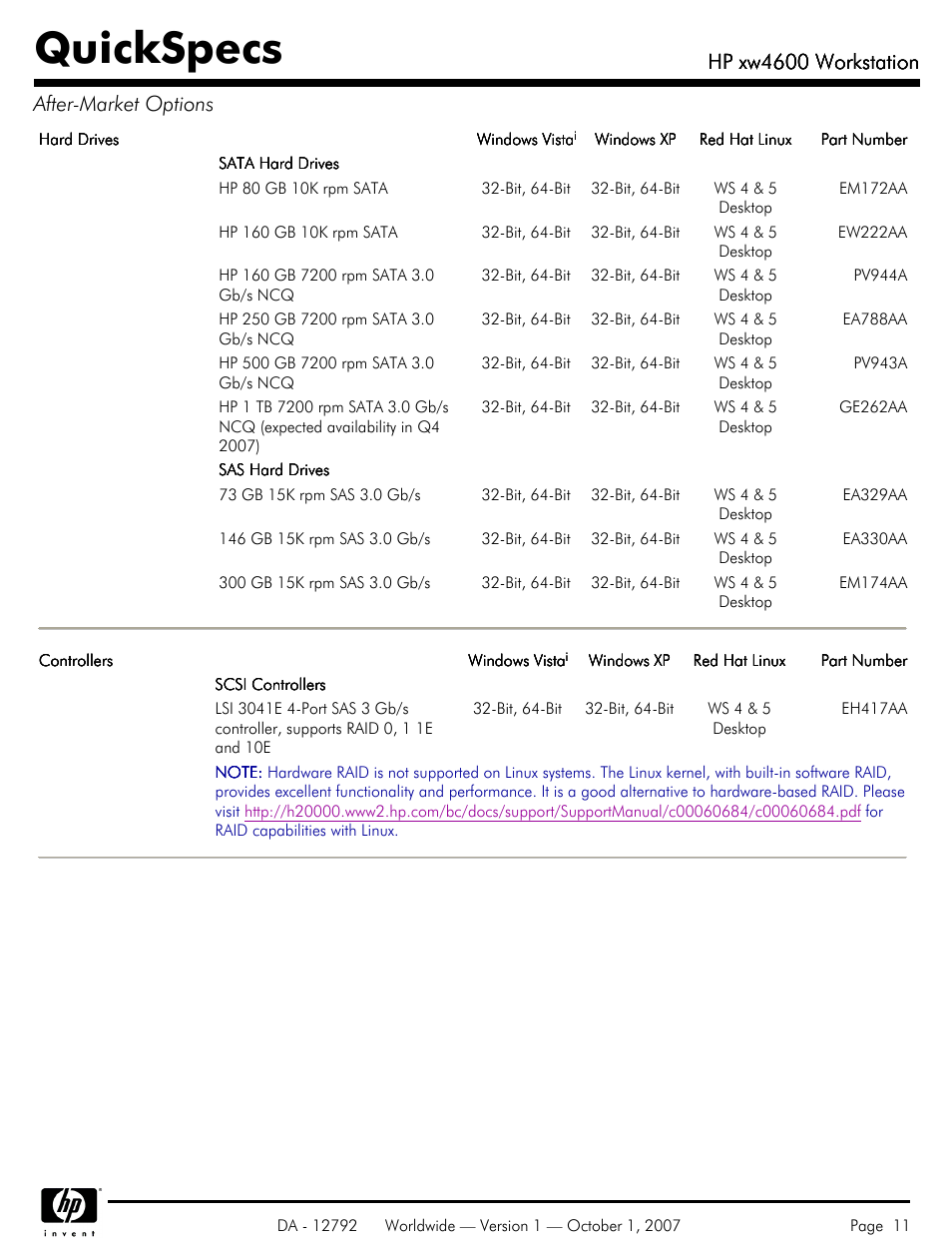 Quickspecs, Hp xw4600 workstation, Hp xw4600 workstation after-market options | HP xw4600 User Manual | Page 11 / 73