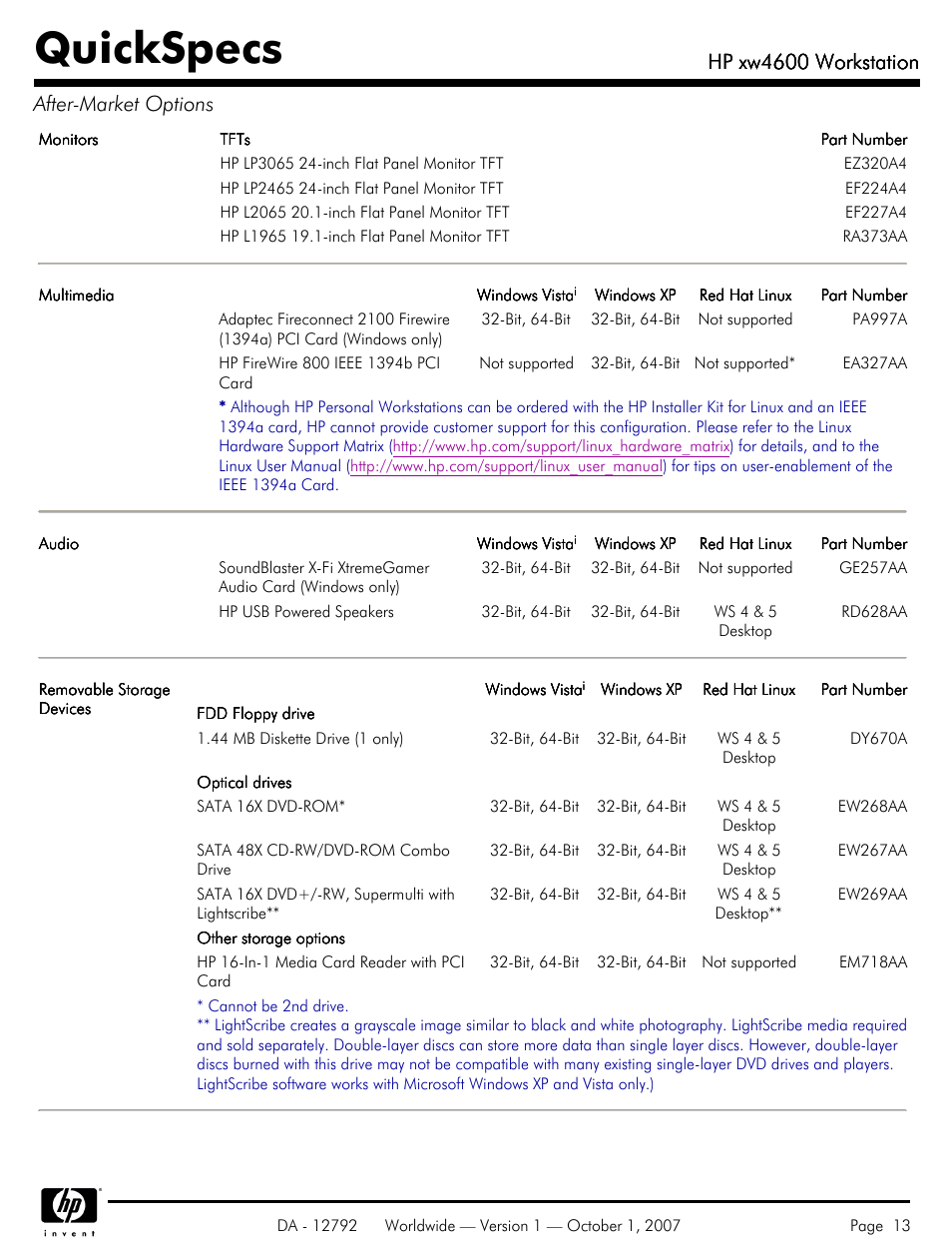Quickspecs, Hp xw4600 workstation, Hp xw4600 workstation after-market options | HP xw4600 User Manual | Page 13 / 73