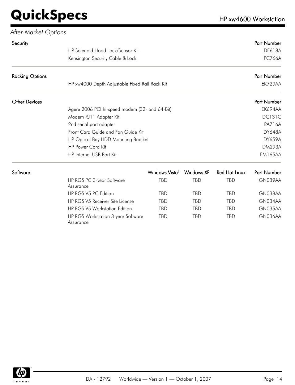 Quickspecs, Hp xw4600 workstation, Hp xw4600 workstation after-market options | HP xw4600 User Manual | Page 14 / 73