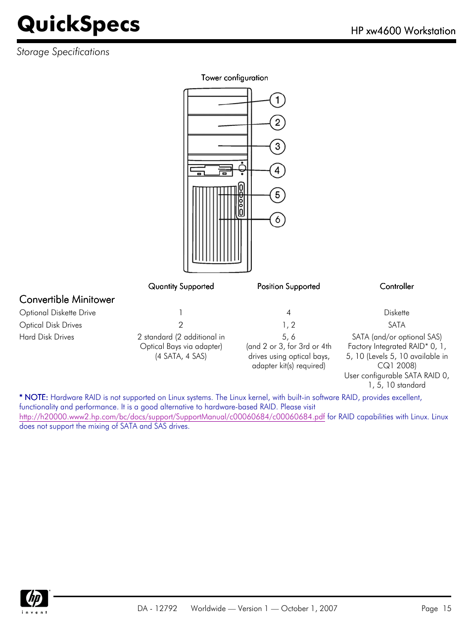 Storage specifications, Quickspecs, Convertible minitower | Hp xw4600 workstation, Hp xw4600 workstation storage specifications | HP xw4600 User Manual | Page 15 / 73