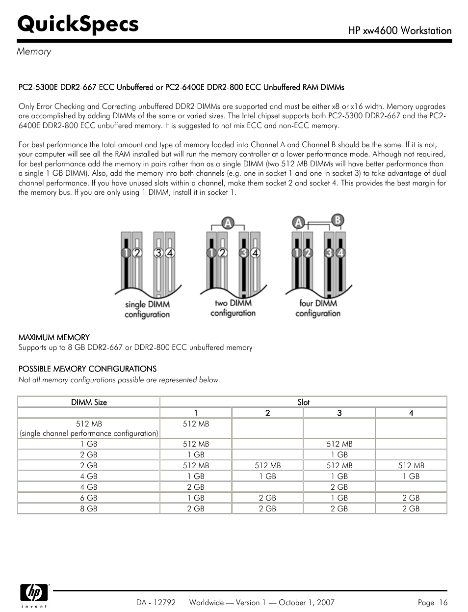 Memory, Quickspecs, Hp xw4600 workstation | HP xw4600 User Manual | Page 16 / 73