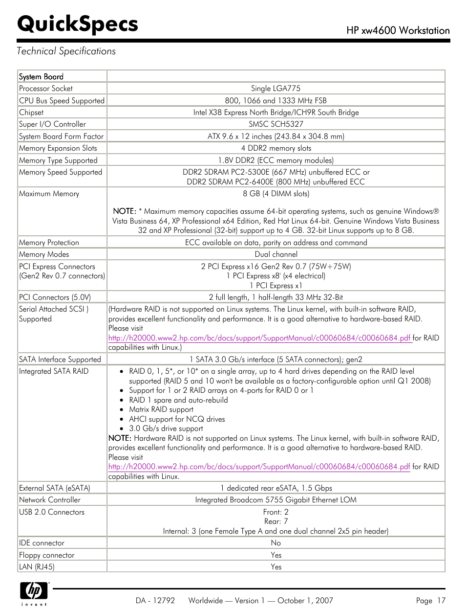 Technical specifications, Quickspecs, Hp xw4600 workstation | Hp xw4600 workstation technical specifications | HP xw4600 User Manual | Page 17 / 73