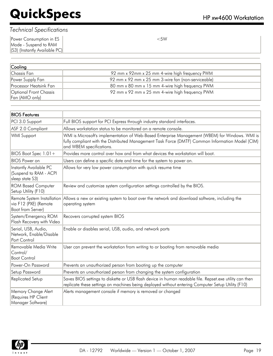 Quickspecs, Hp xw4600 workstation, Hp xw4600 workstation technical specifications | HP xw4600 User Manual | Page 19 / 73