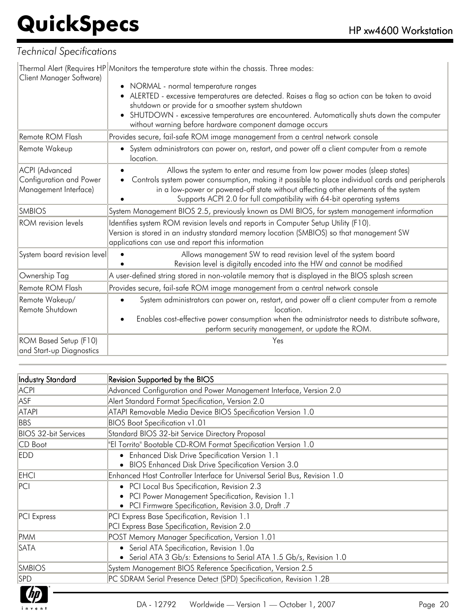 Quickspecs, Hp xw4600 workstation, Hp xw4600 workstation technical specifications | HP xw4600 User Manual | Page 20 / 73