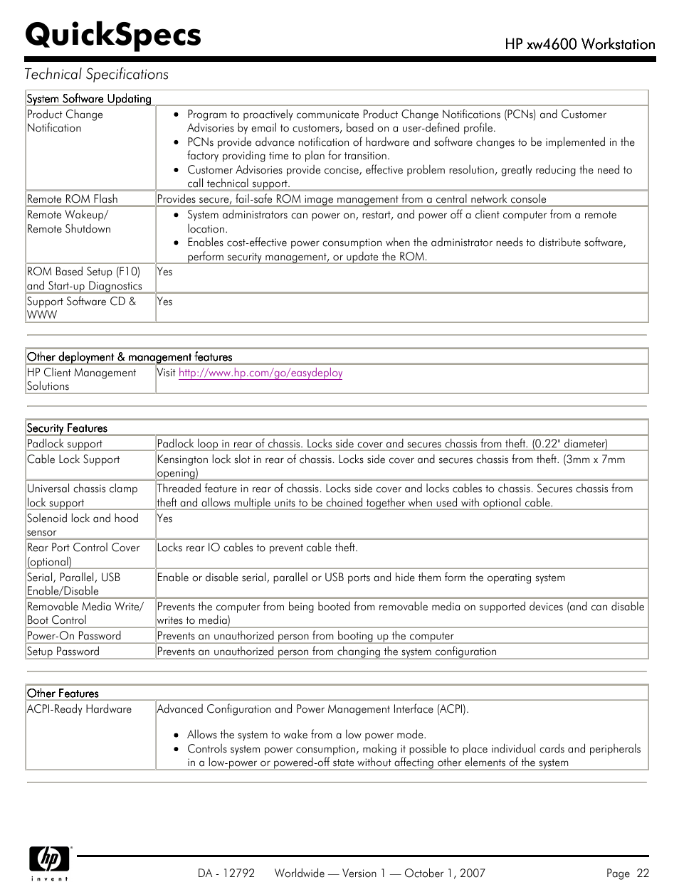 Quickspecs, Hp xw4600 workstation, Hp xw4600 workstation technical specifications | HP xw4600 User Manual | Page 22 / 73