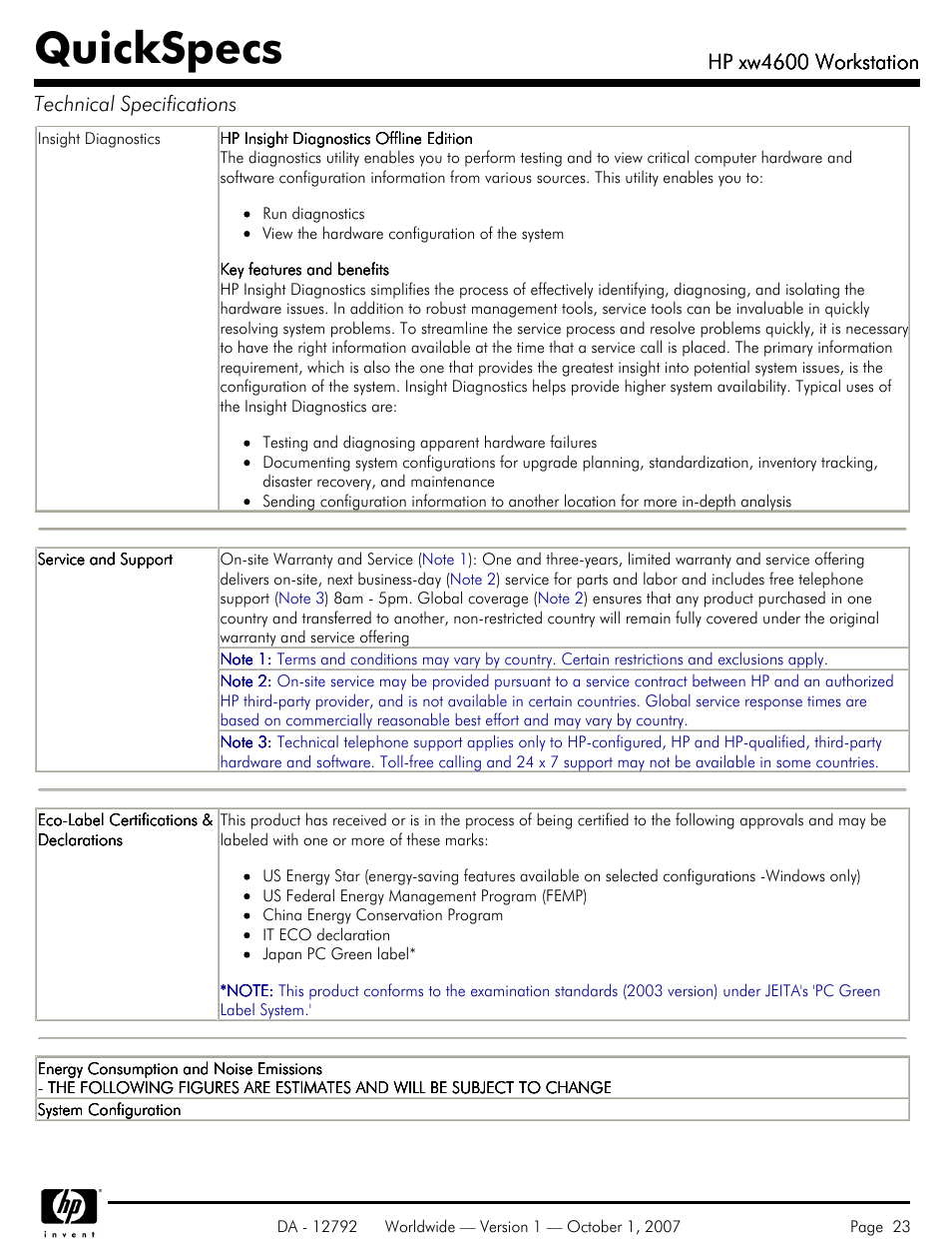 Quickspecs, Hp xw4600 workstation, Hp xw4600 workstation technical specifications | HP xw4600 User Manual | Page 23 / 73