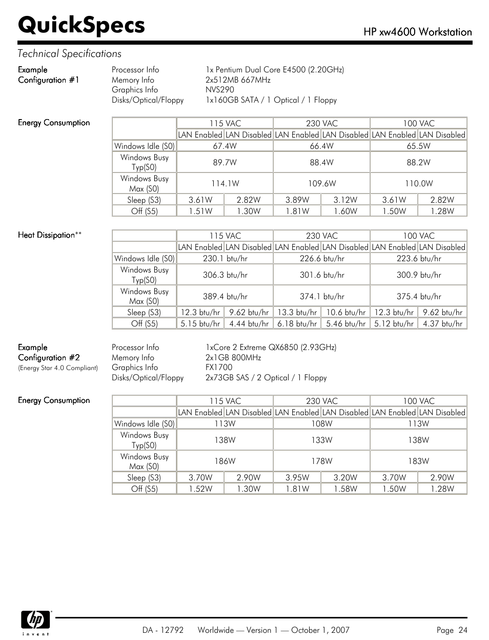 Quickspecs, Hp xw4600 workstation, Hp xw4600 workstation technical specifications | HP xw4600 User Manual | Page 24 / 73
