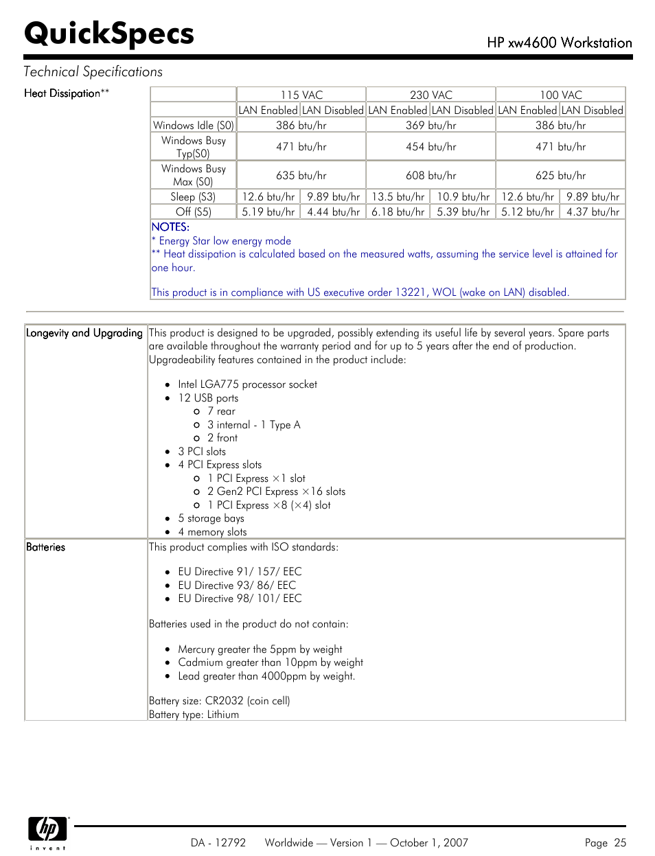 Quickspecs, Hp xw4600 workstation, Hp xw4600 workstation technical specifications | HP xw4600 User Manual | Page 25 / 73