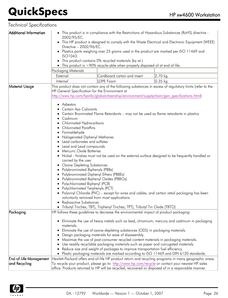 Quickspecs, Hp xw4600 workstation, Hp xw4600 workstation technical specifications | HP xw4600 User Manual | Page 26 / 73