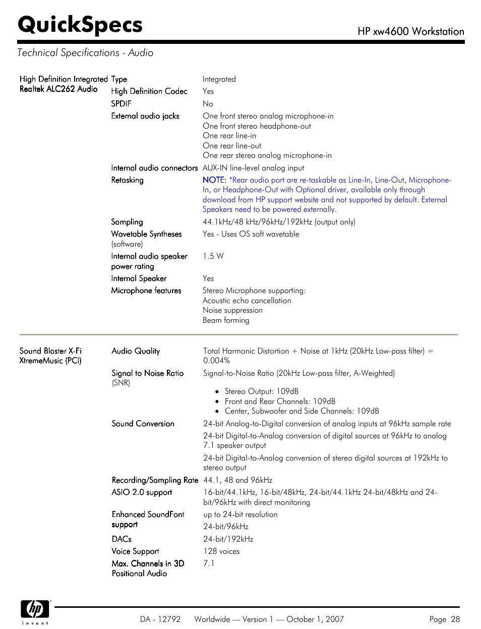 Technical specifications - audio, Quickspecs, Hp xw4600 workstation | HP xw4600 User Manual | Page 28 / 73