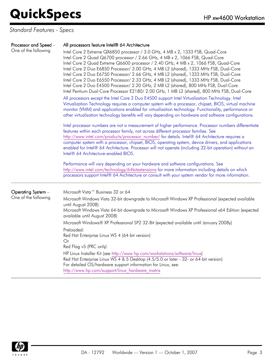 Standard features - specs, Quickspecs, Hp xw4600 workstation | Hp xw4600 workstation standard features - specs | HP xw4600 User Manual | Page 3 / 73