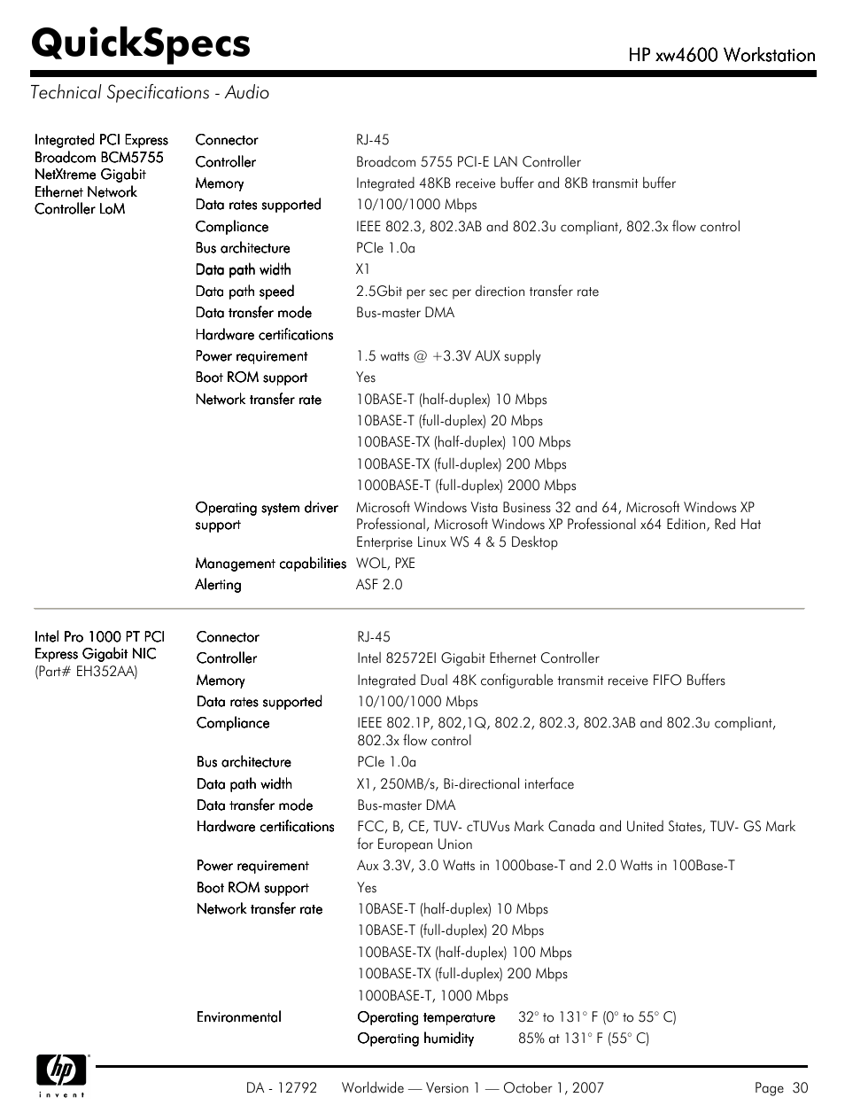 Technical specifications - communications, Quickspecs, Hp xw4600 workstation | HP xw4600 User Manual | Page 30 / 73