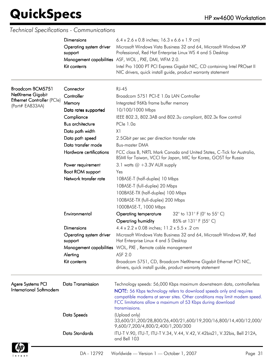 Quickspecs, Hp xw4600 workstation | HP xw4600 User Manual | Page 31 / 73
