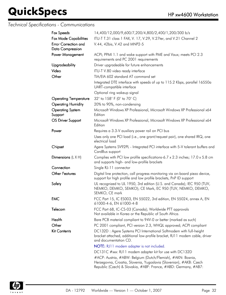 Quickspecs, Hp xw4600 workstation | HP xw4600 User Manual | Page 32 / 73