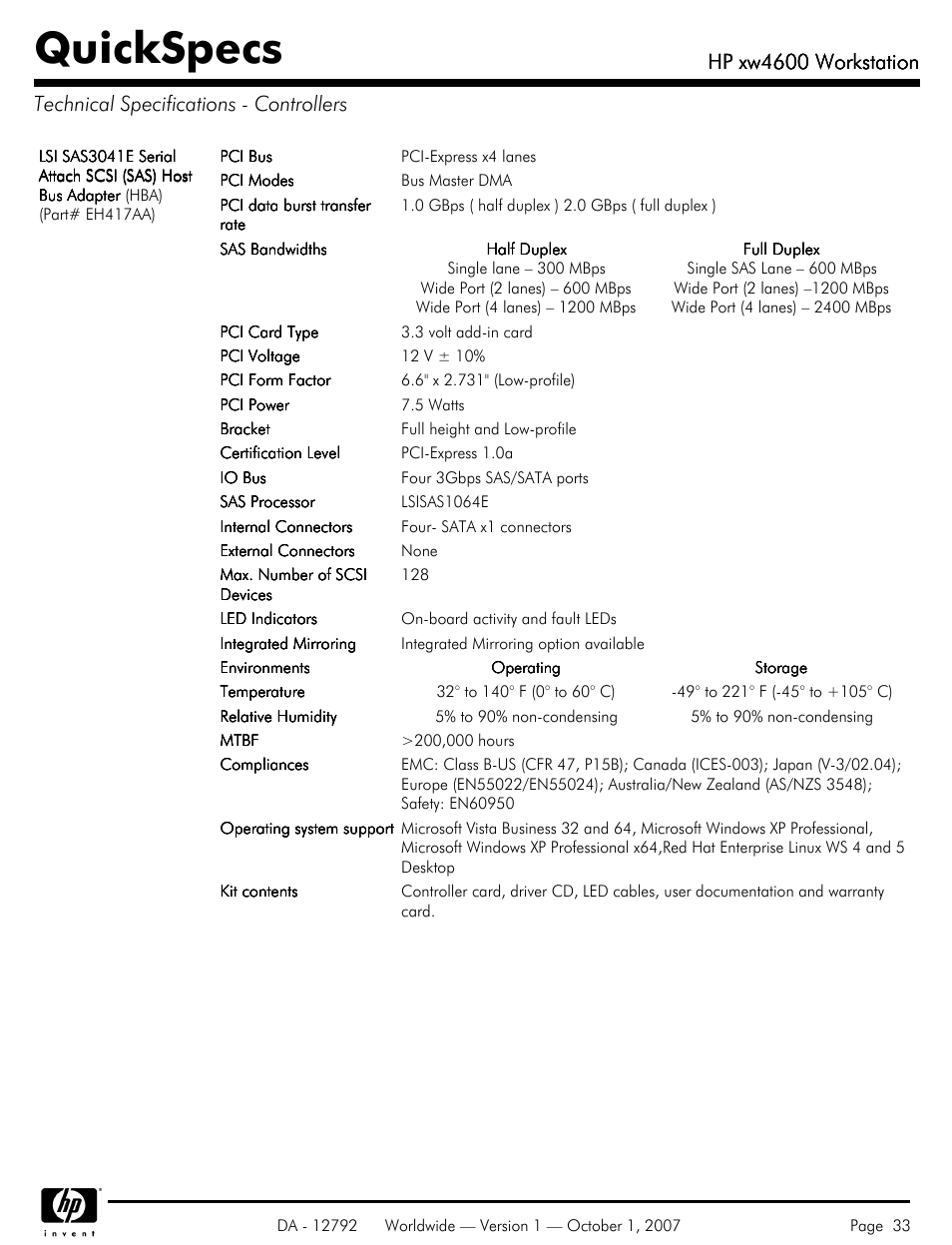 Technical specifications - controllers, Quickspecs, Hp xw4600 workstation | HP xw4600 User Manual | Page 33 / 73