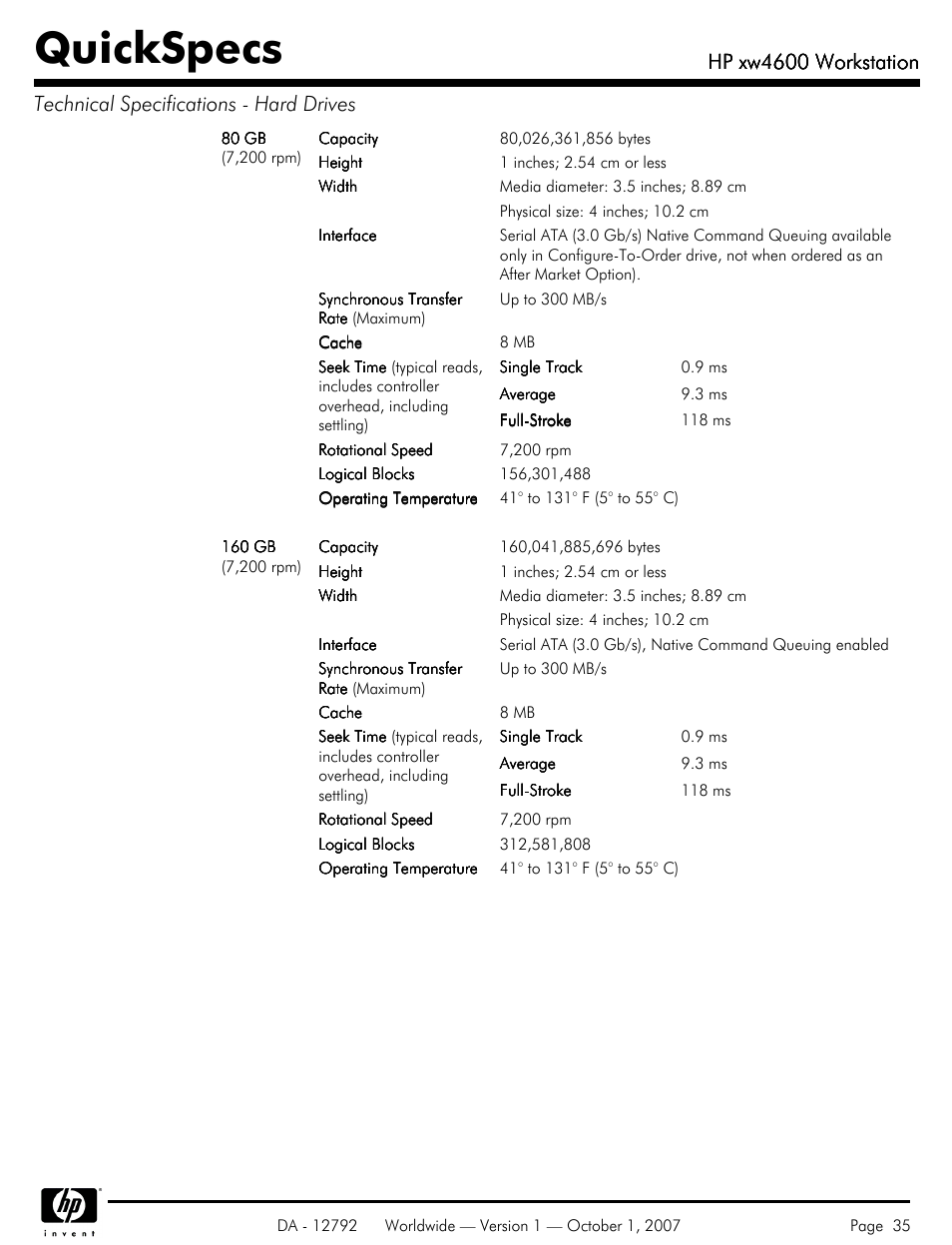 Quickspecs, Hp xw4600 workstation | HP xw4600 User Manual | Page 35 / 73