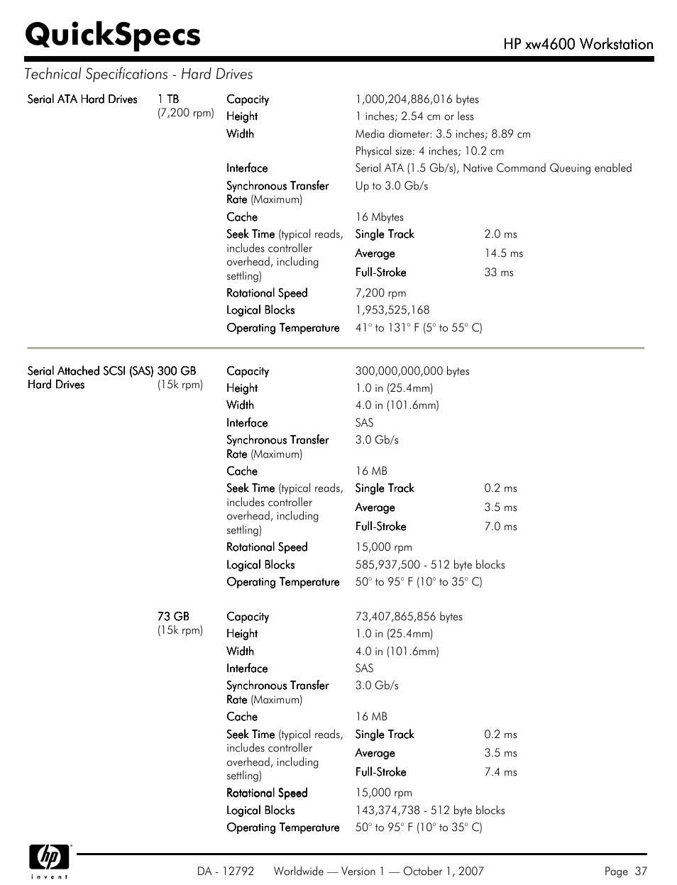 Quickspecs, Hp xw4600 workstation | HP xw4600 User Manual | Page 37 / 73