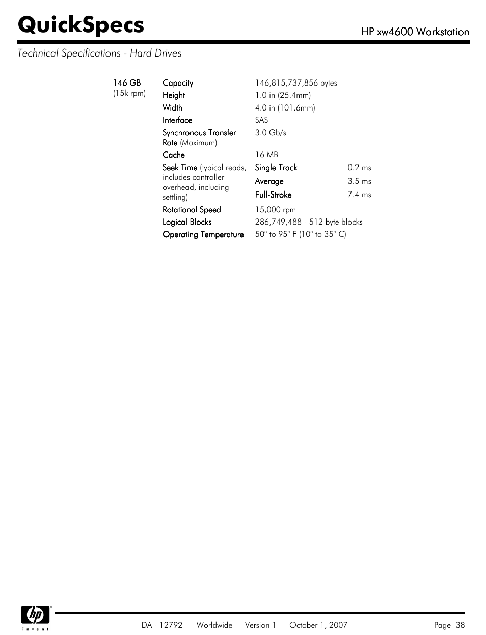 Quickspecs, Hp xw4600 workstation | HP xw4600 User Manual | Page 38 / 73