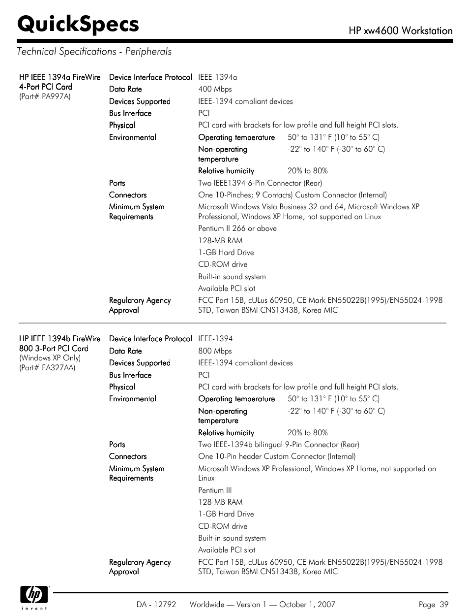 Technical specifications - peripherals, Quickspecs, Hp xw4600 workstation | HP xw4600 User Manual | Page 39 / 73