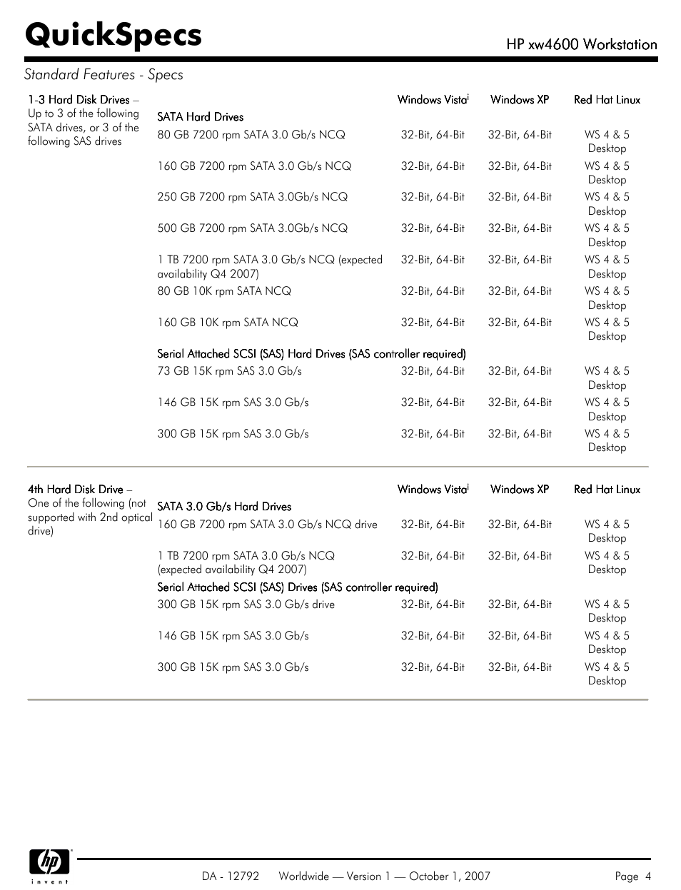 Quickspecs, Hp xw4600 workstation, Hp xw4600 workstation standard features - specs | HP xw4600 User Manual | Page 4 / 73