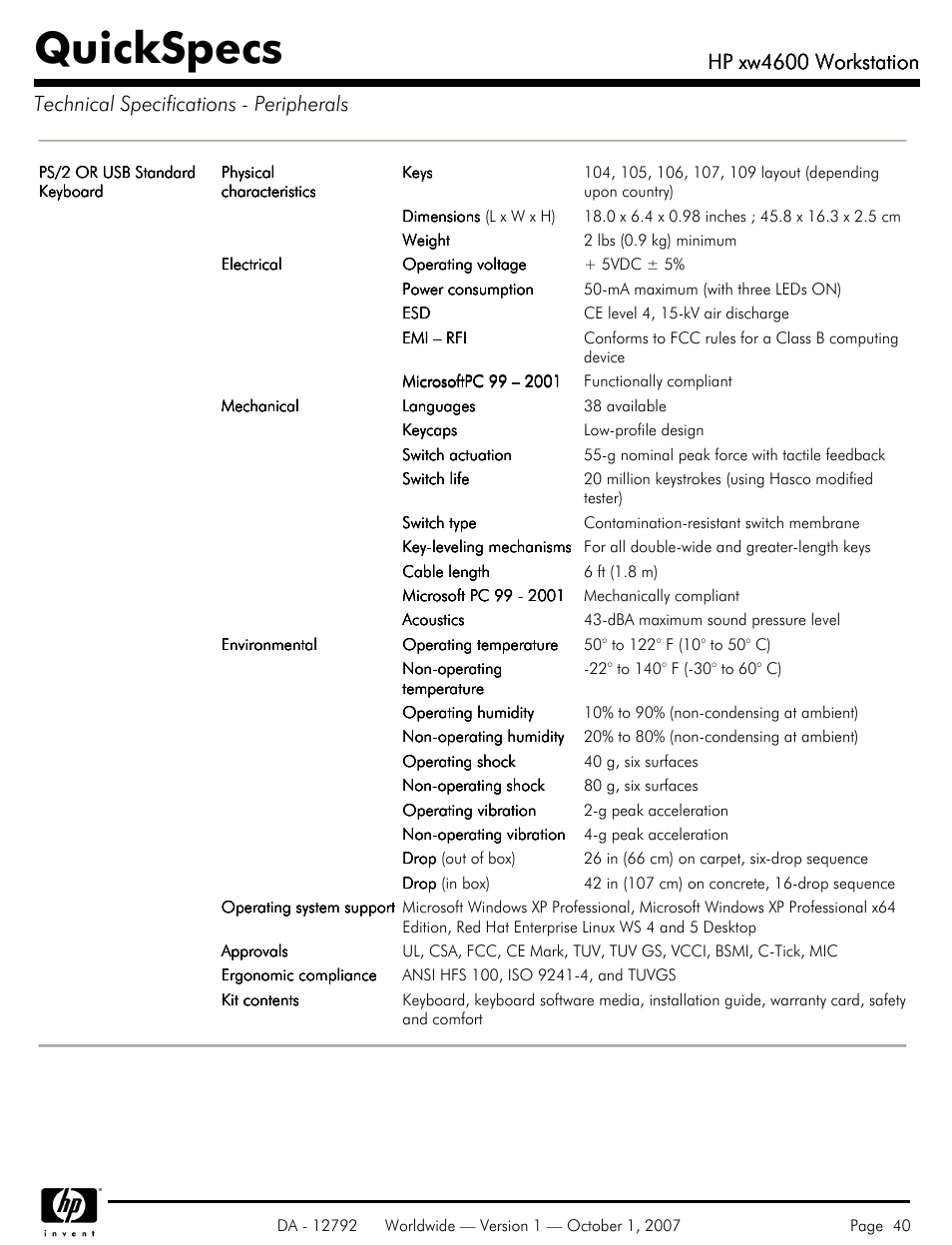 Quickspecs, Hp xw4600 workstation | HP xw4600 User Manual | Page 40 / 73