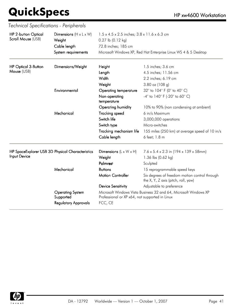 Quickspecs, Hp xw4600 workstation | HP xw4600 User Manual | Page 41 / 73