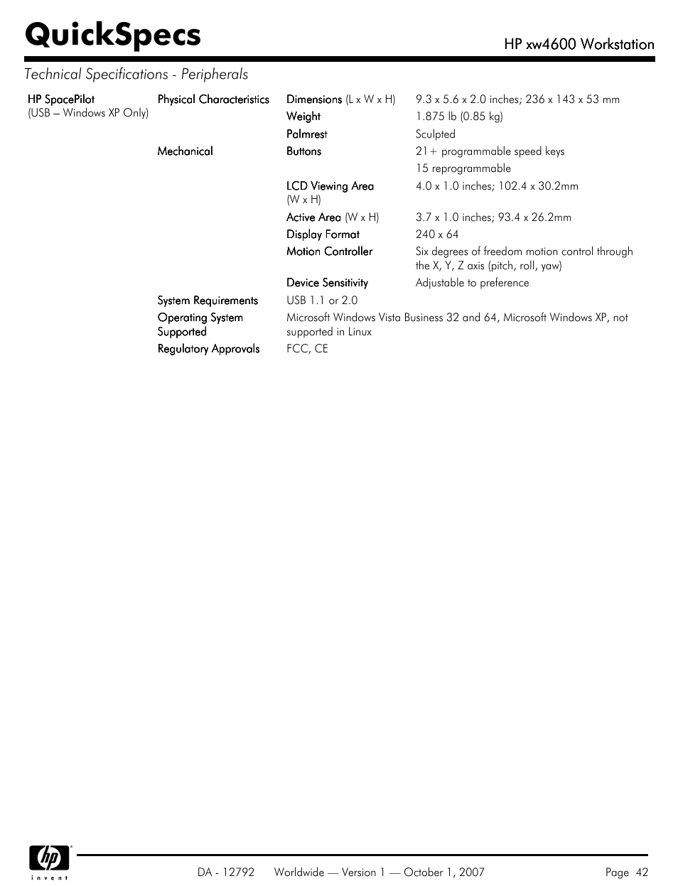 Quickspecs, Hp xw4600 workstation | HP xw4600 User Manual | Page 42 / 73