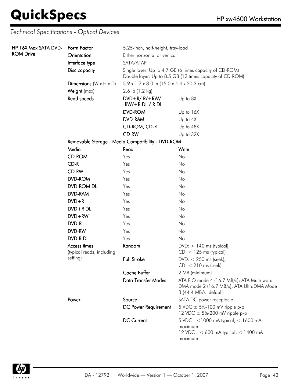 Technical specifications - optical devices, Quickspecs, Hp xw4600 workstation | HP xw4600 User Manual | Page 43 / 73