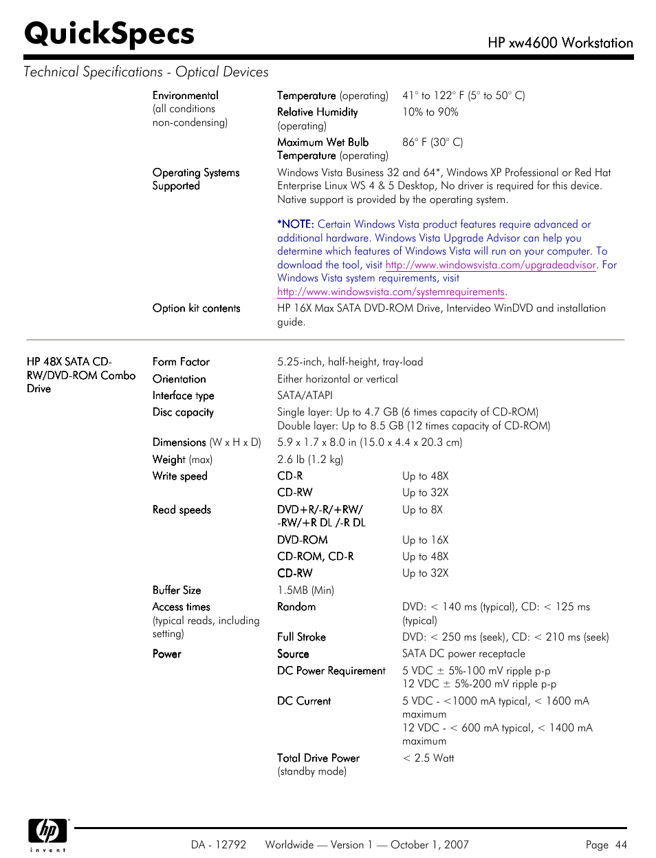Quickspecs, Hp xw4600 workstation | HP xw4600 User Manual | Page 44 / 73