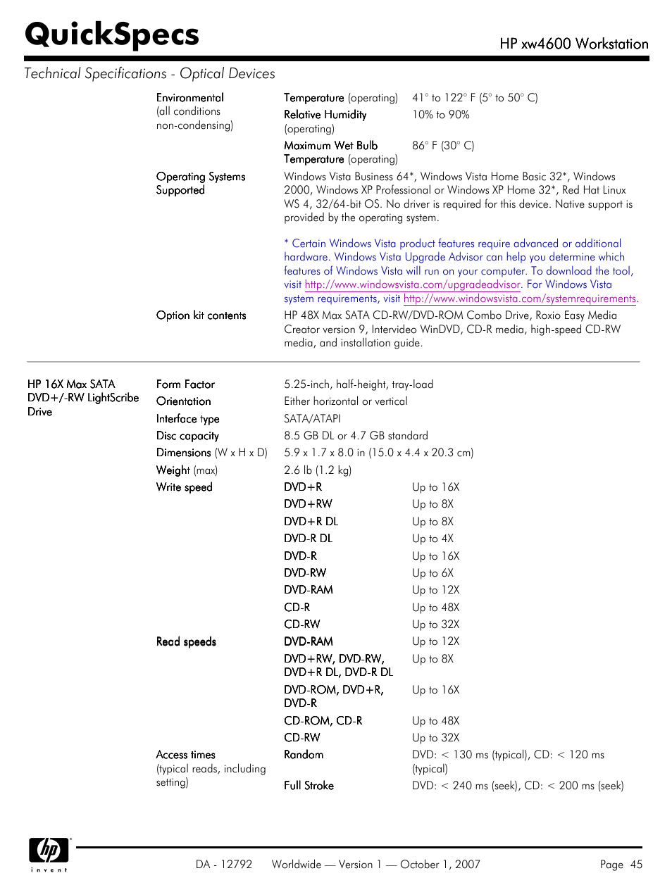 Quickspecs, Hp xw4600 workstation | HP xw4600 User Manual | Page 45 / 73