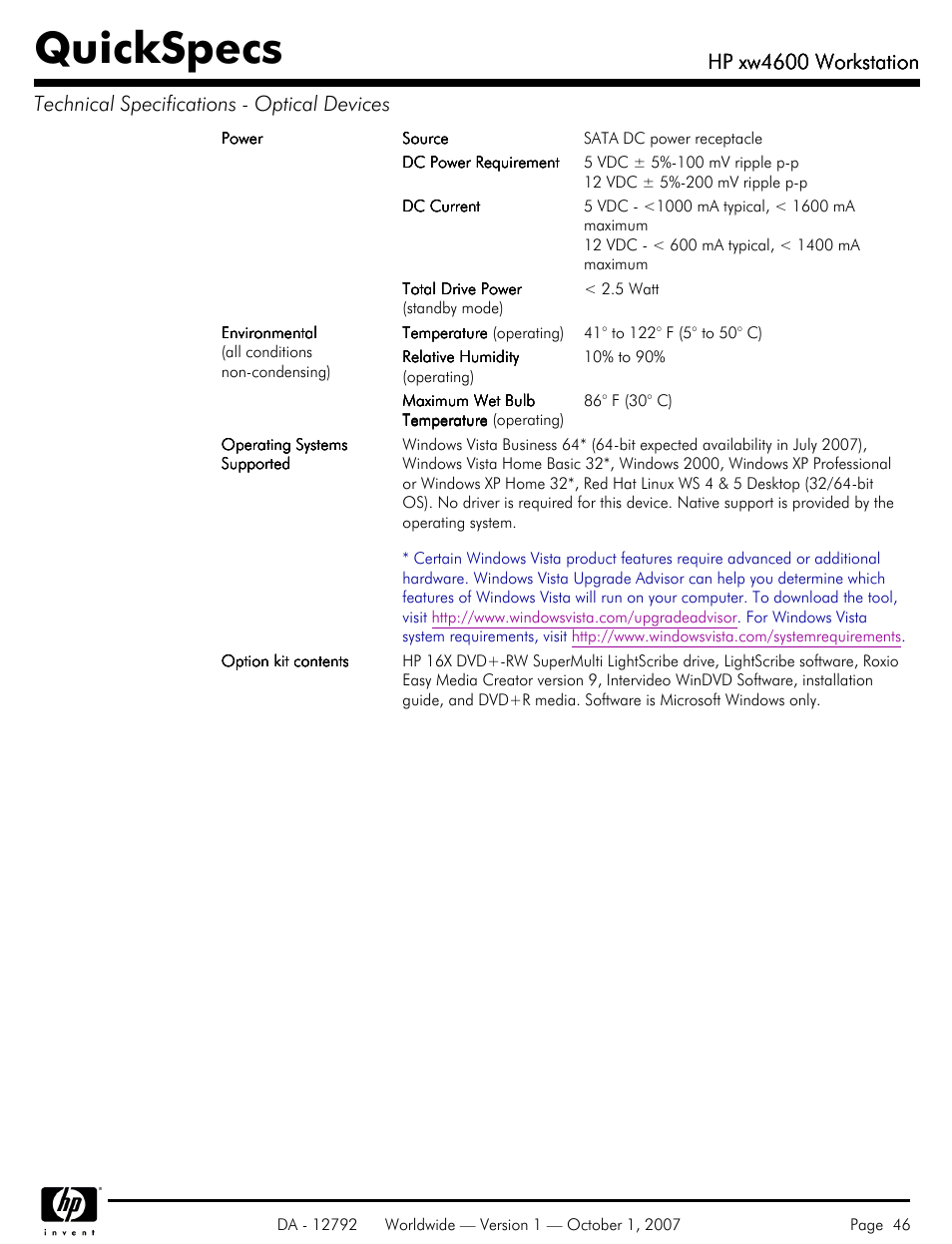 Quickspecs, Hp xw4600 workstation | HP xw4600 User Manual | Page 46 / 73