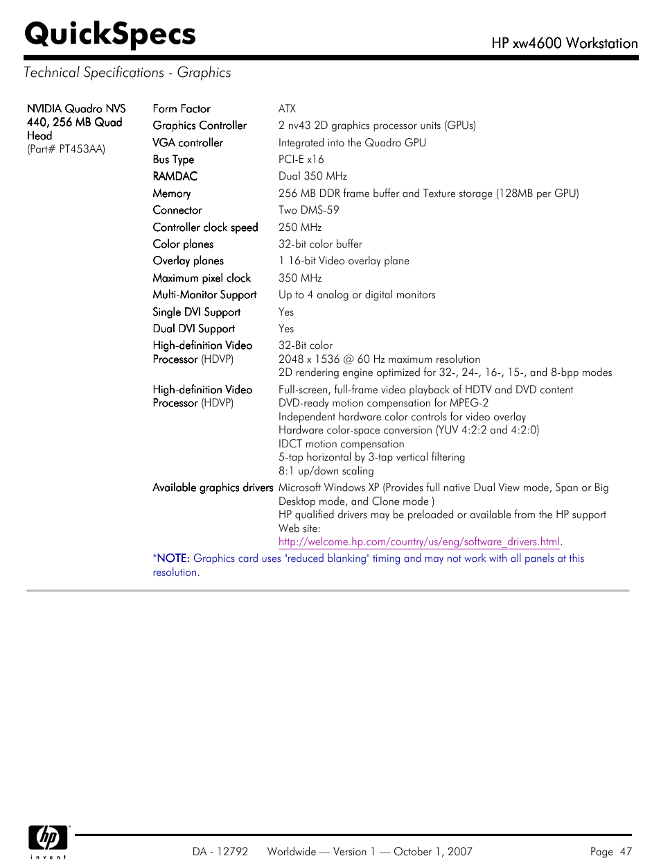 Technical specifications - graphics, Quickspecs, Hp xw4600 workstation | HP xw4600 User Manual | Page 47 / 73