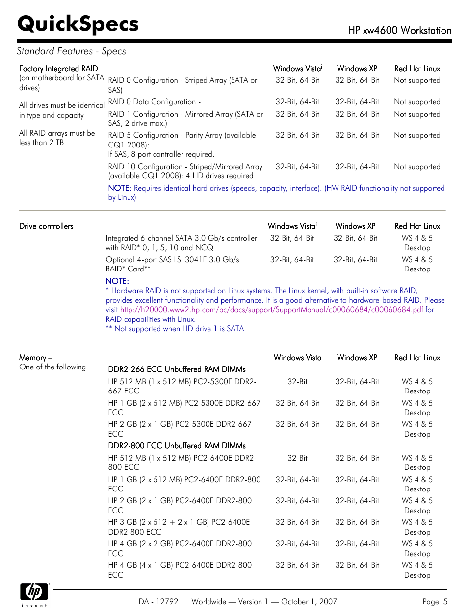 Quickspecs, Hp xw4600 workstation, Hp xw4600 workstation standard features - specs | HP xw4600 User Manual | Page 5 / 73